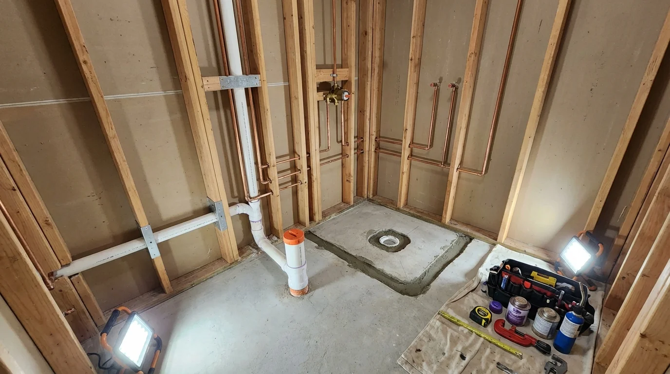 Bathroom rough-in plumbing during remodel by Johns Plumbing LLC in Rainier