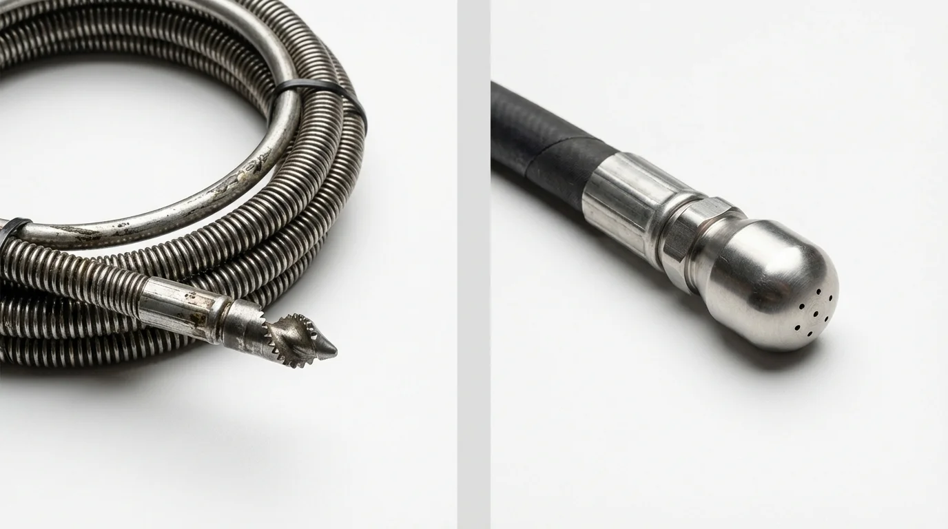 Drain snake cable and hydro jetting nozzle used for drain cleaning in Rainier, WA