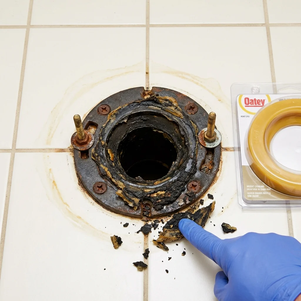 Failed wax ring showing water seepage at the base of a toilet in a Rainier, WA home
