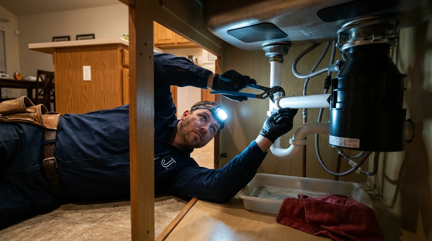 P-trap and supply line connections under a kitchen sink showing a common leak point in Rainier, WA